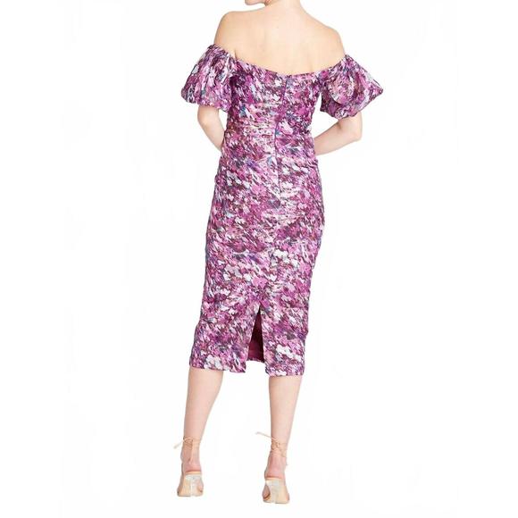 NEW ML MONIQUE LHUILLIER women's off the shoulder midi dress in painted blur Midi